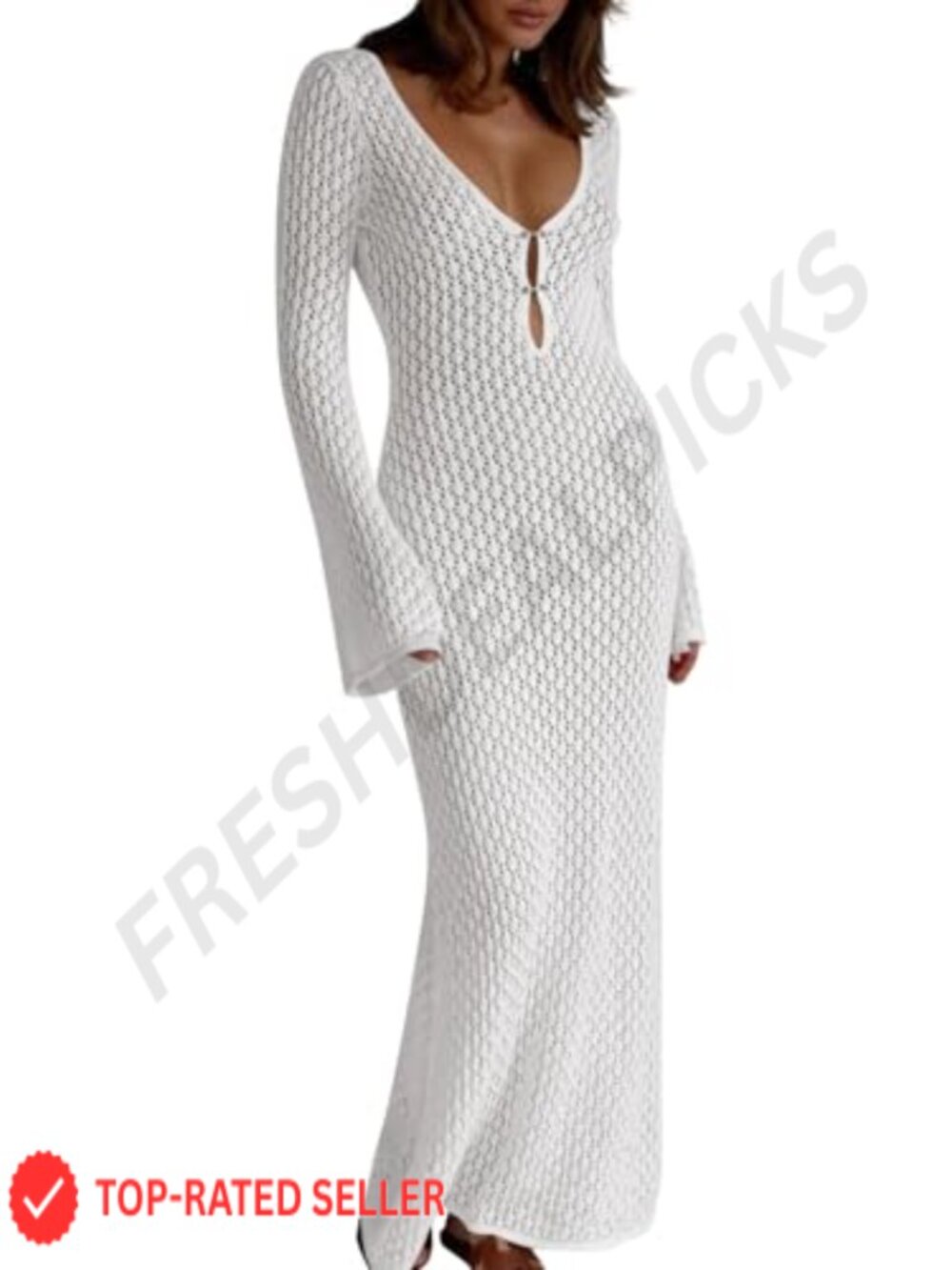 Sexy V-Neck Crochet Maxi Cover Up Dress Beach Vacation Long Sleeve Bodycon Knit - Picture 2 of 7